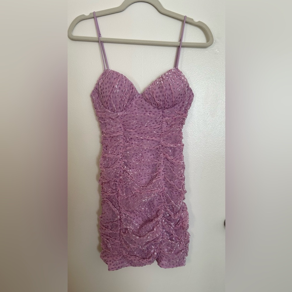 Purple Velvet Polka Dot Ruched Mini Dress - Picture 2 of 4